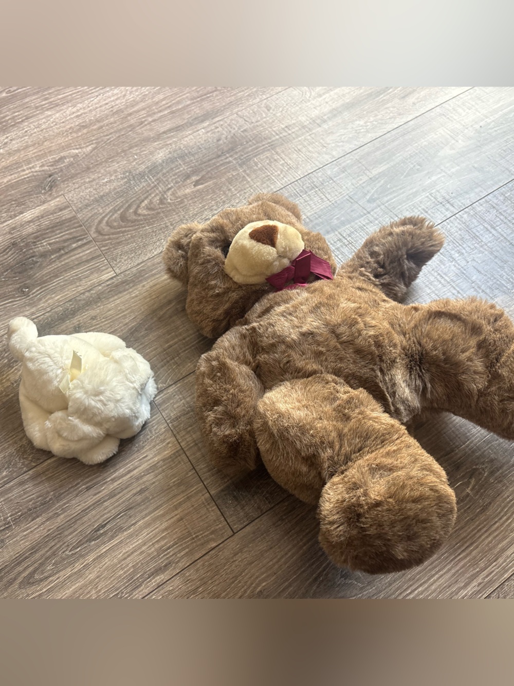 Plush Brown Teddy Bear with Burgundy Bow & white puppy dog plush